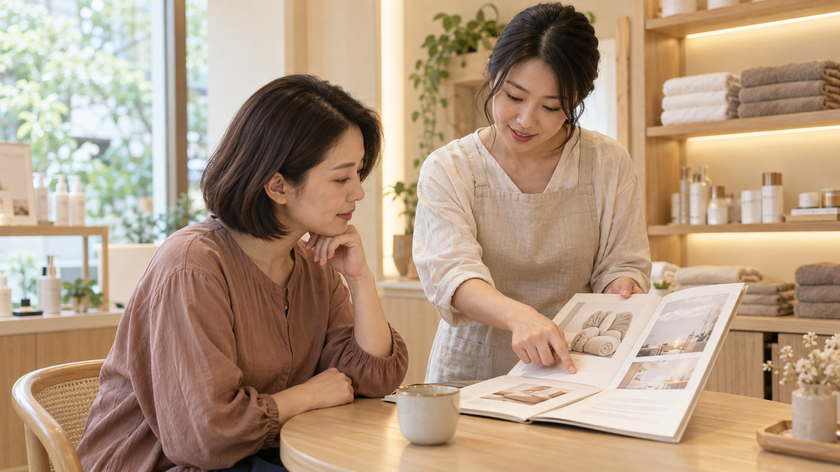 美容門市接待人員以服務菜單說明項目差異與預約前準備的情境示意。