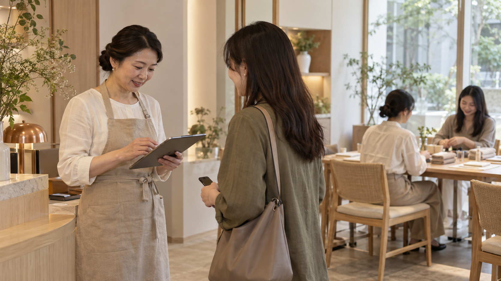 美容會員活動到店時,接待人員核對報名安排並引導入場的情境示意。