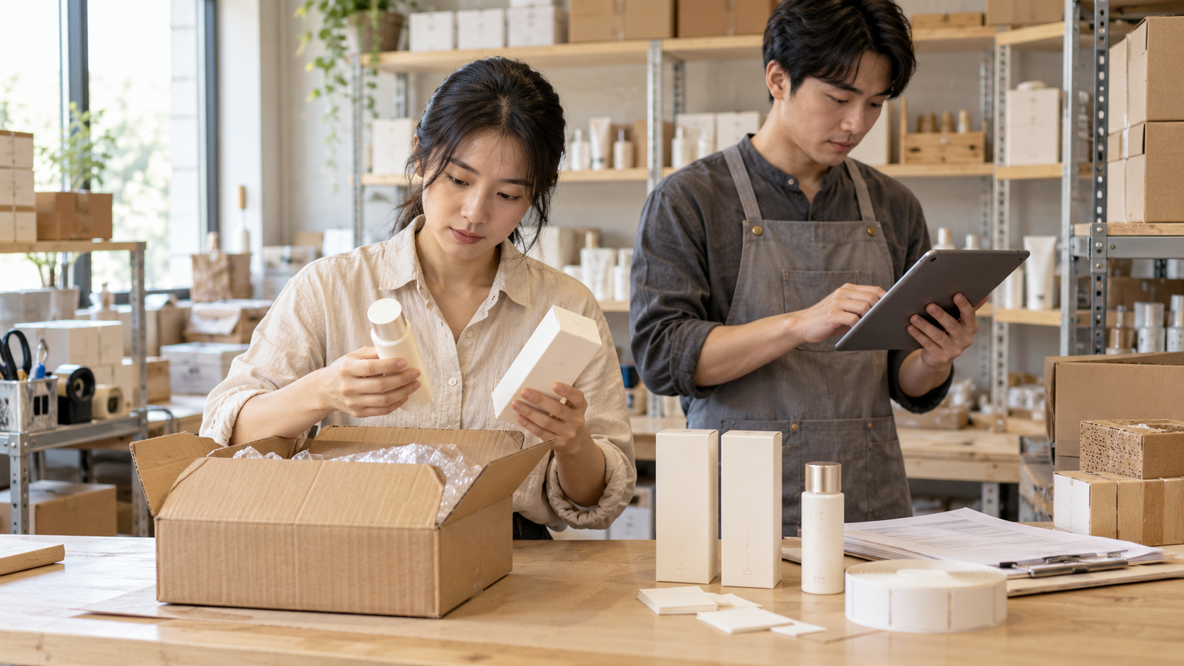 護膚零售客服與倉務人員核對退件商品包裝版本及原訂單資料的情境示意。