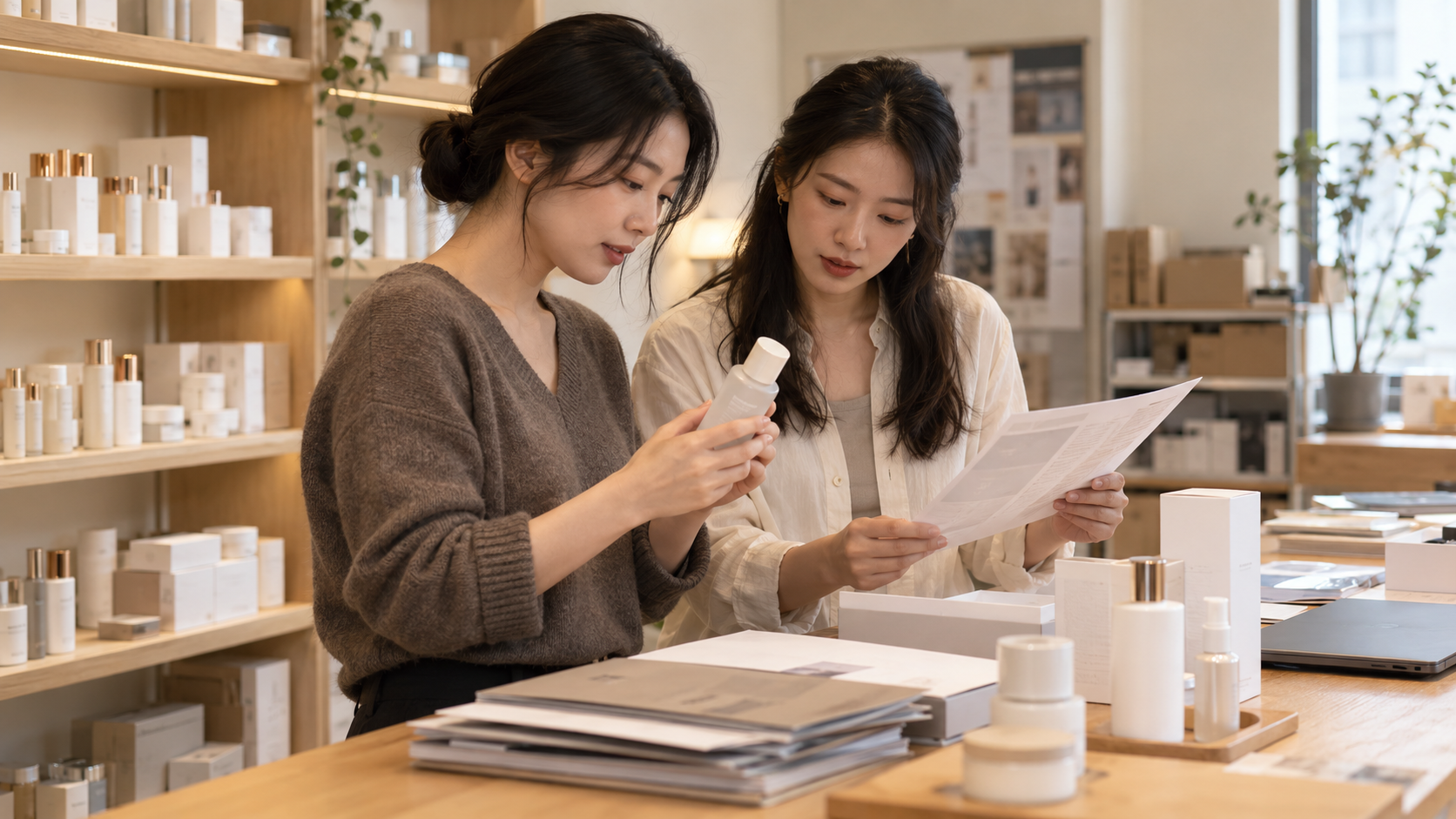 護膚零售人員核對商品包裝與供應資料的示意情境