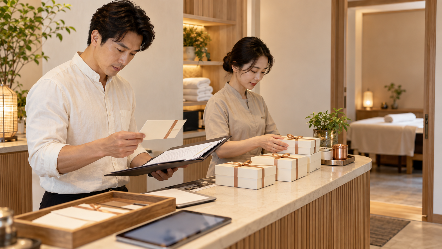 養生門市人員核對節慶禮券與服務安排的示意情境