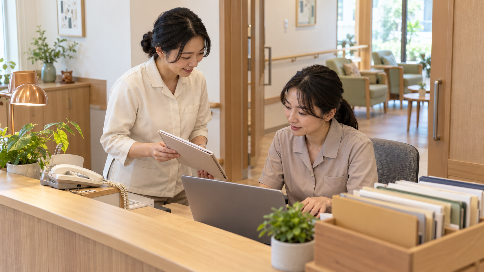 照護服務行政人員交接家屬通知與待辦的示意情境