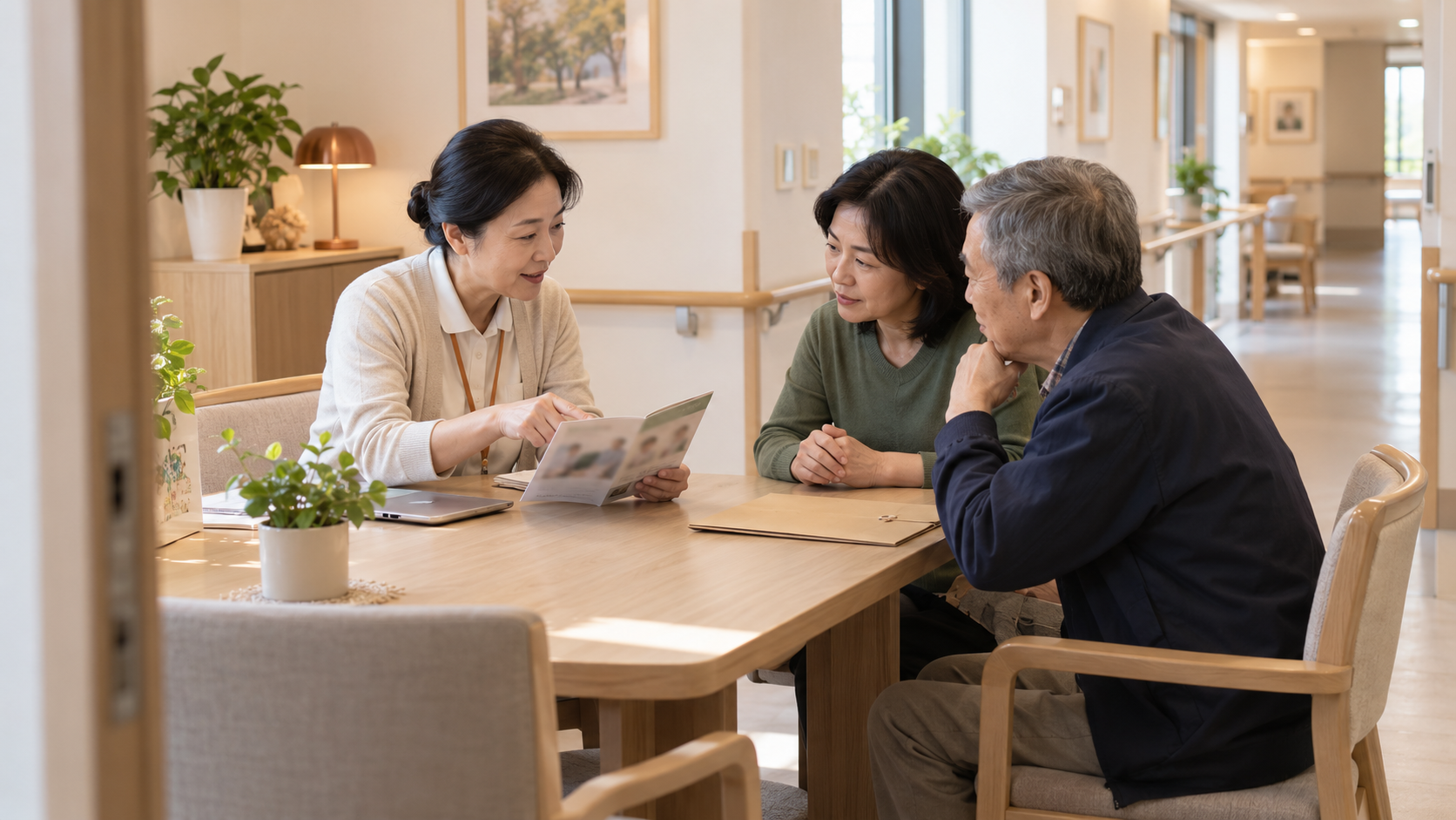 照護服務窗口向家屬說明服務與申請準備的示意情境