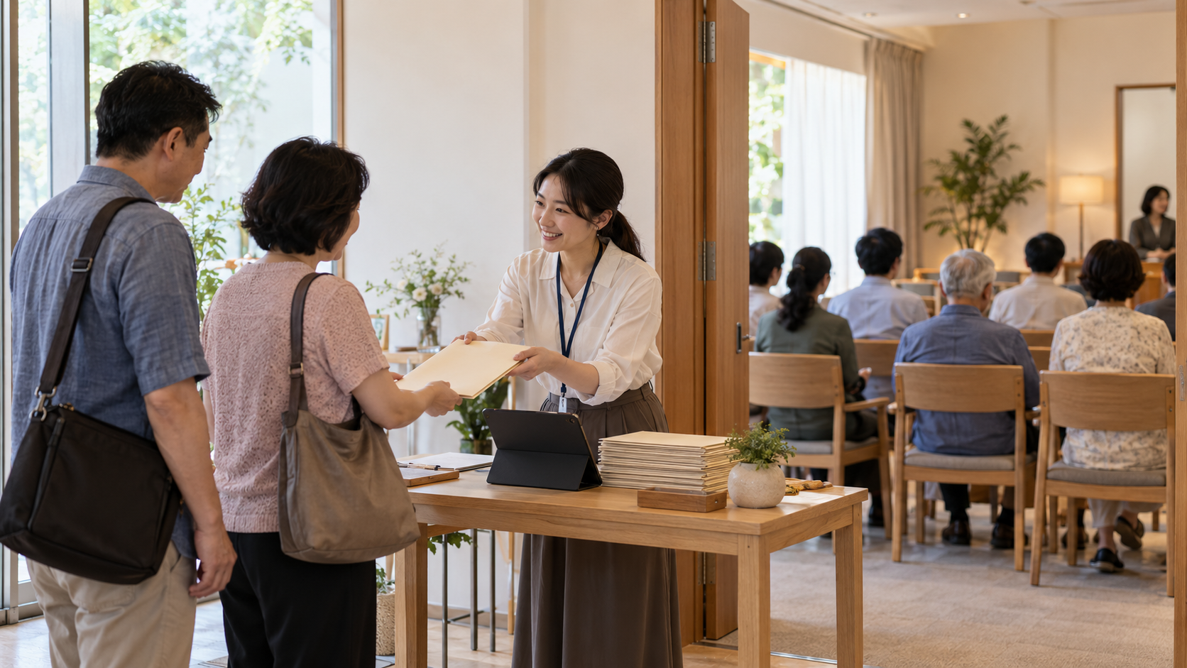 照護服務說明會工作人員協助家屬報到的示意情境