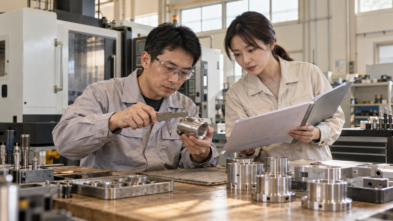 精密製造工程與業務人員核對零件及詢價附件的示意情境
