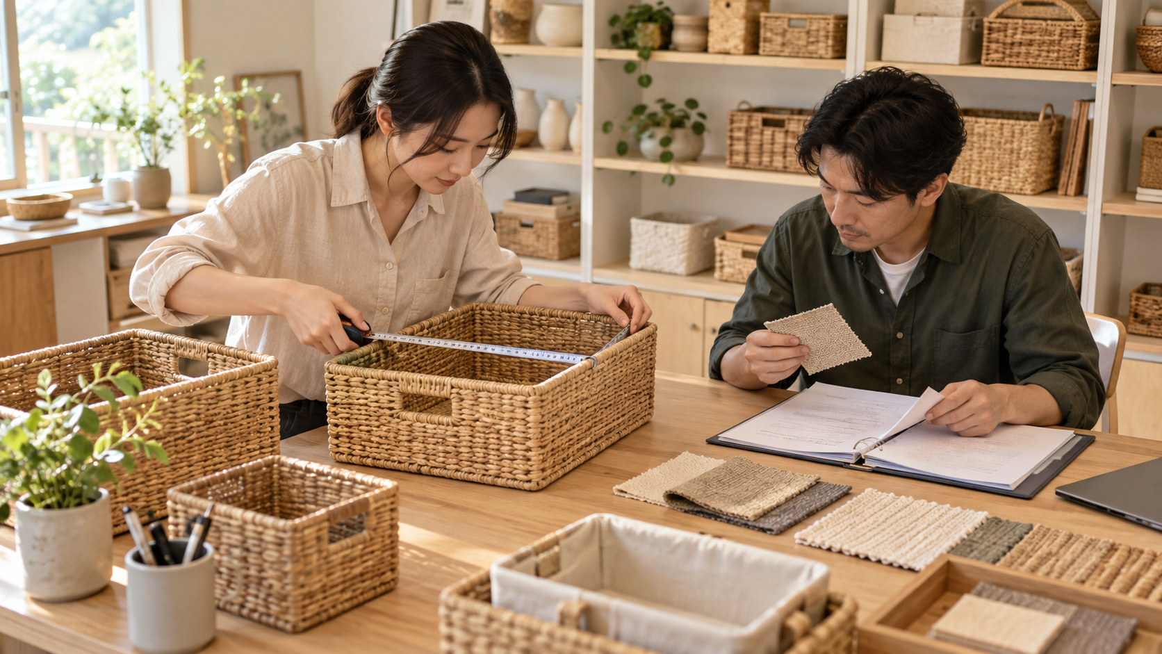 居家生活電商人員量測商品並核對材質資料的示意情境